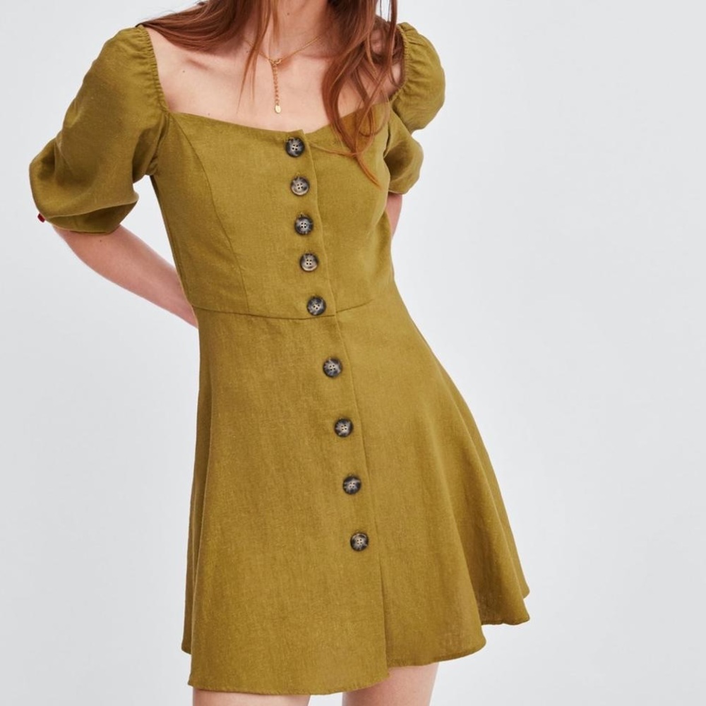SOLD ⚠️ ZARA olive green puff sleeve mini dress XS